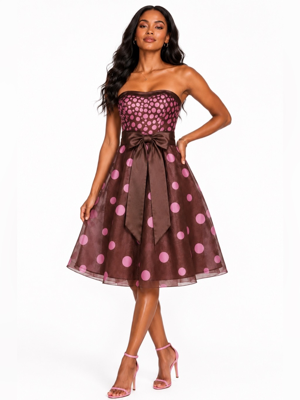 KAY UNGER Strapless Brown & Pink Polka Dot Organza Cocktail Dress 4